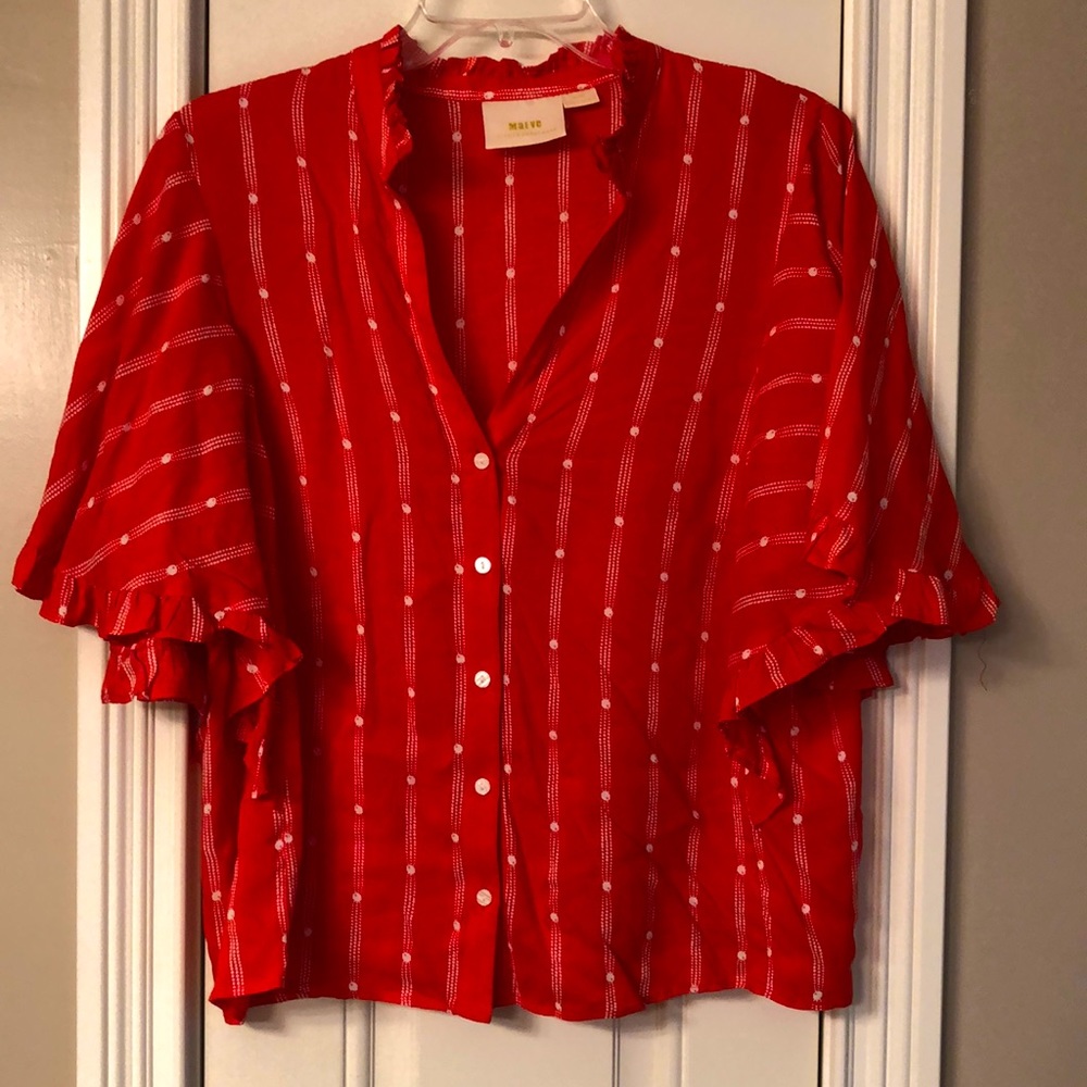 Maeve Anthropologie poppy red short flutter sleeve blouse- NWOT Sz M